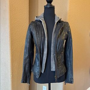 Women's Black Leather Jacket with Gray Hoodie